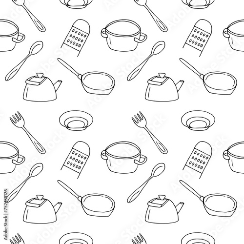 Tableware seamless pattern vector illustration, hand drawn doodles