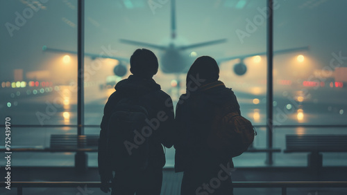 Two silhouetted lover travelers at the airport observe a plane taking off from airport terminal window with beautiful sunrise background.