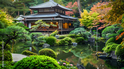 A beautiful Japanese garden with a traditional house, pond, and trees. The garden is full of lush greenery and colorful flowers.