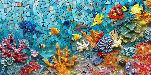 Background Texture Pattern in the Style of Ocean Floor Mosaic - Mosaic textures that depict the diverse and colorful life on the ocean floor created with Generative AI Technology © Sentoriak