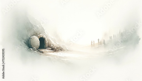 Resurrection of Jesus. The tomb is discovered to be empty. Life of Jesus. Digital watercolor painting. 