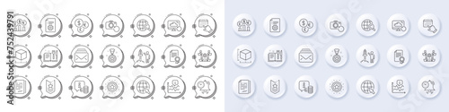Package size, Time management and Teamwork line icons. White pin 3d buttons, chat bubbles icons. Pack of Currency rate, Info, Recipe book icon. Vector