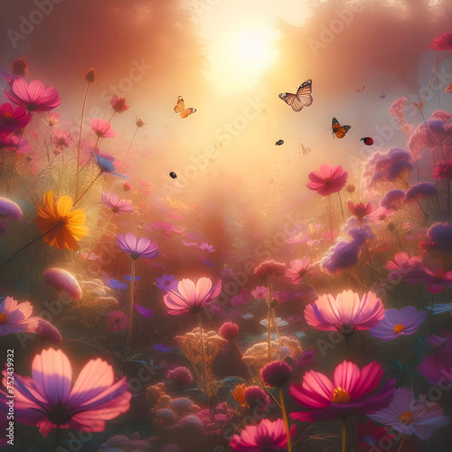Flower meadow with butterfly in the rays of the setting sun Generative AI
