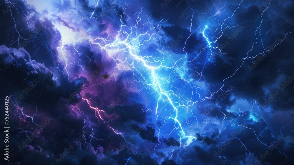 Vivid lightning storm in purple cloudscape - A dramatic display of natural electricity as lightning bolts strike through a purple-tinted stormy sky, showcasing nature's energy - obrazy, fototapety, plakaty 