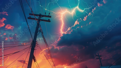 Vibrant thunderstorm with electric poles - A dramatic thunderstorm sky with vivid lightning bolts striking near energy poles against a dusk backdrop