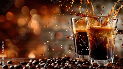Splashing espresso shot with coffee beans background - A dynamic close-up of an espresso shot capturing the lively splashes over a coffee bean backdrop