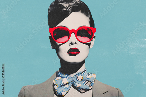 Pop art portrait of  fashionable young woman with red sunglasses and stylish outfit isolated on paper textured light blue background