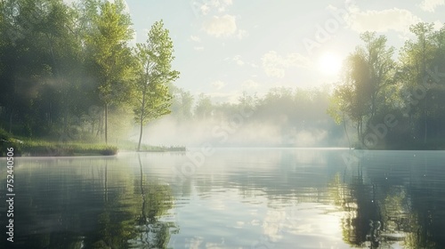 Peaceful lakeside view with calm water reflecting trees.