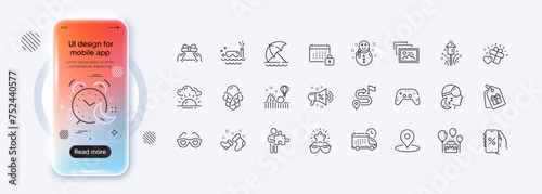 Give present, Beach umbrella and Delivery line icons for web app. Phone mockup gradient screen. Pack of Ice cream, Coupons, Snowman pictogram icons. Love gift, Scuba diving, Love glasses signs. Vector