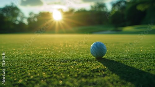 White Golf ball on green course to be shot on blurred beautiful landscape of golf course in sunset day time with copy space. Sport, Recreation, Relax in holiday concept 