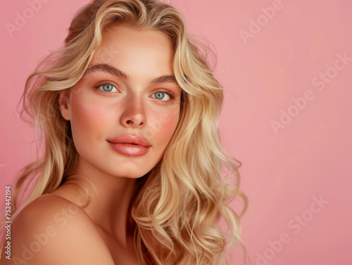 Beautiful female model closeup on pink background. The concept of skin care, natural makeup, radiant healthy skin.