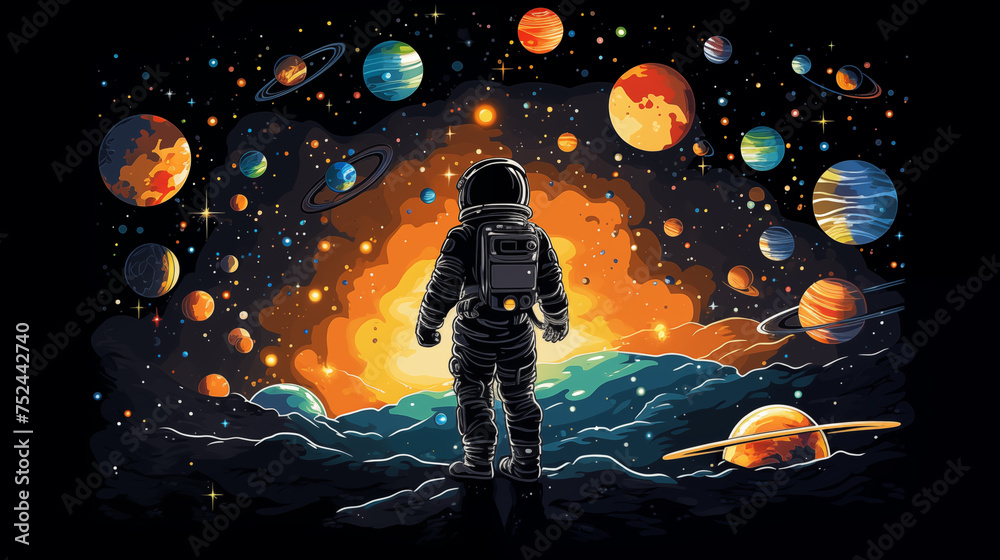 Astronaut against sky with planets and stars, illustration of space exploration dreams and allure of unknown.