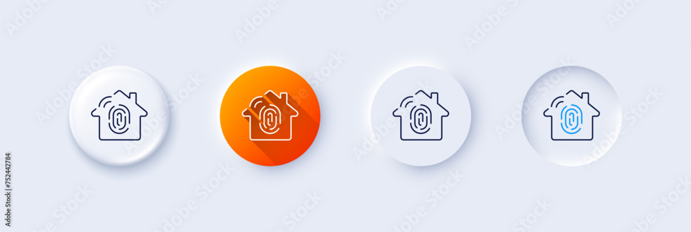 Fingerprint access line icon. Neumorphic, Orange gradient, 3d pin buttons. House protection sign. Biometric identity symbol. Line icons. Neumorphic buttons with outline signs. Vector Fingerprint access line icon. Neumorphic, Orange gradient, 3d pin buttons. House protection sign. Biometric identity symbol. Line icons. Neumorphic buttons with outline signs. Vector