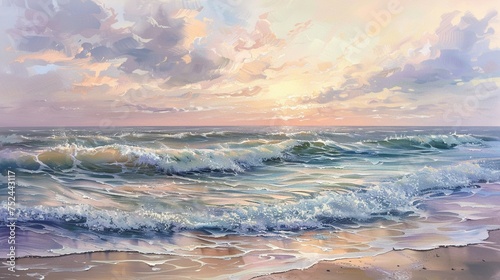 the serene beauty of the sea at dawn, with gentle waves lapping against the shore under a pastel-colored sky. © muhammad