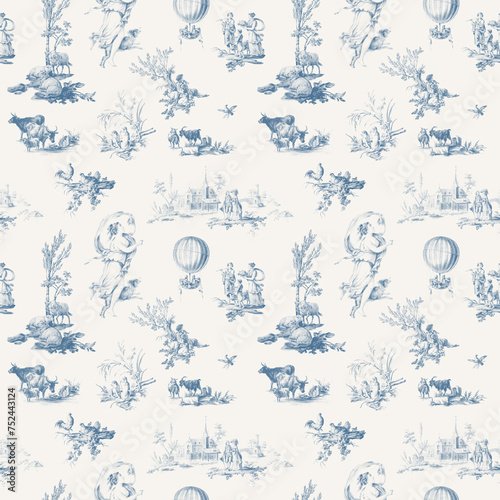 Seamless Toile De Jouy Graphic Pattern, Blue Victorian Chinoiserie Background