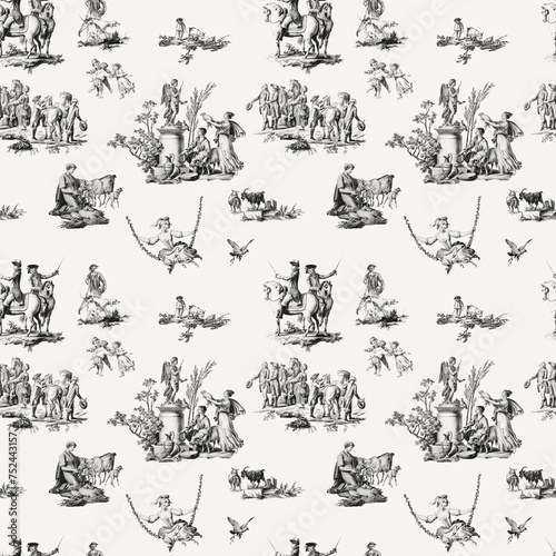 Seamless Toile De Jouy Graphic Pattern, Black and White Victorian Chinoiserie Background