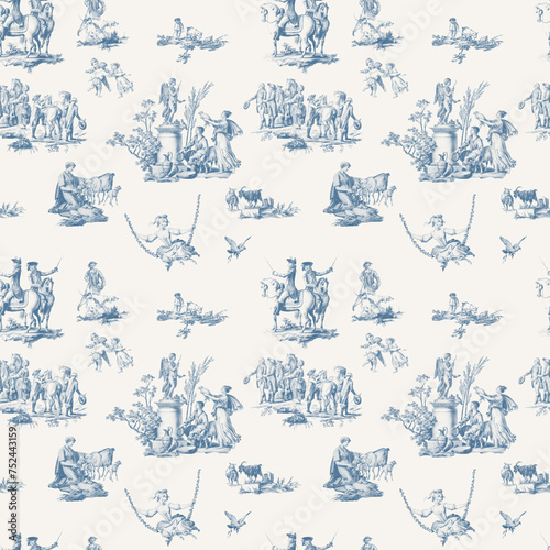 Seamless Toile De Jouy Graphic Pattern, Blue Victorian Chinoiserie Background