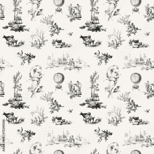 Seamless Toile De Jouy Graphic Pattern, Black and White Victorian Chinoiserie Background