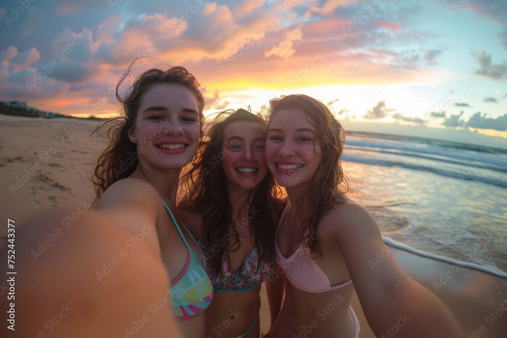 Two female backpackers taking a selfie with a smartphone on a tropical beach whilst on vacation
