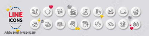 Creative idea, Farsightedness and International recruitment line icons. White buttons 3d icons. Pack of Bitcoin system, 360 degree, Organic product icon. Vector