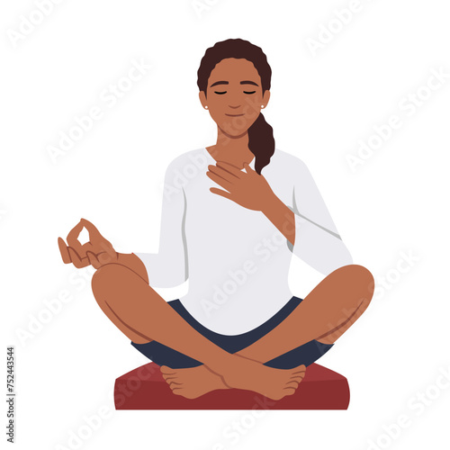 Happy woman with closed eyes sitting in lotus position practicing yoga. Flat vector illustration isolated on white background
