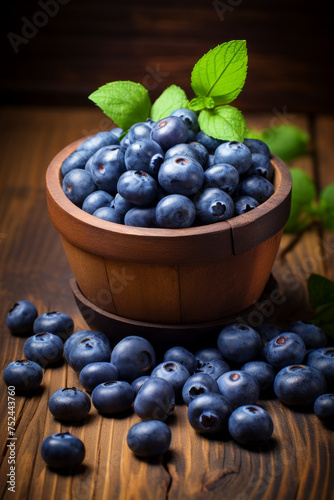 Fresh Blueberries in a Rustic Wooden Bowl with Bright Green Leaves.