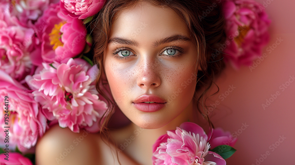 Beautiful young woman with pink peony flowers in her hair. Beautiful young woman with pink peony flowers in her hair.