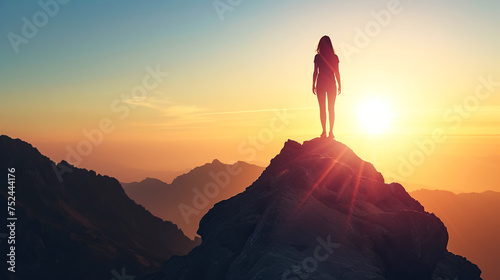 A woman on a mountaintop celebrates her triumph, in the spirit of adventure, against the backdrop of a stunning sunrise © ximich_natali