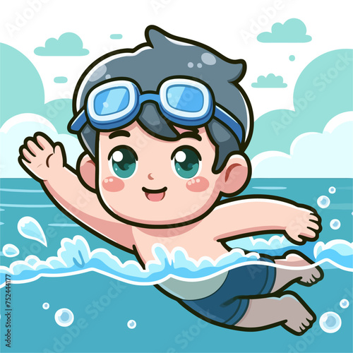Cartoon Illustration of Swimming Boy