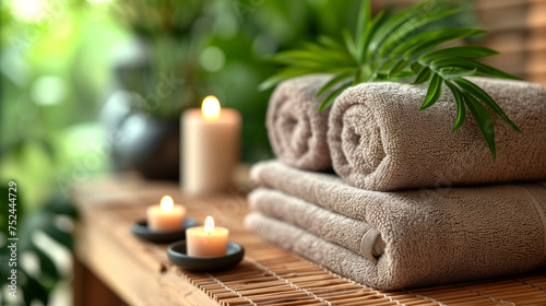Spa composition with towels and candles on wooden table against blurred background