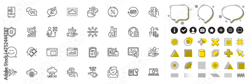 Set of Airplane, Loan percent and Like photo line icons for web app. Design elements, Social media icons. Organic product, Approved mail, Chemistry lab icons. Vector