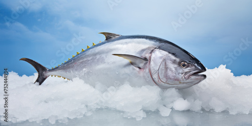 Large frozen tuna on crushed ice with blue sky background.