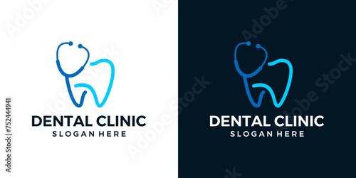 Dentist clinic logo design template. Abstract line model tooth shape with stethoscope graphic design illustration. icon, symbol, creative.