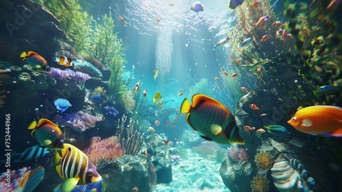 Virtual underwater world teeming with life  captured in crystal-clear clarity  showcasing the beauty of the ocean depths.