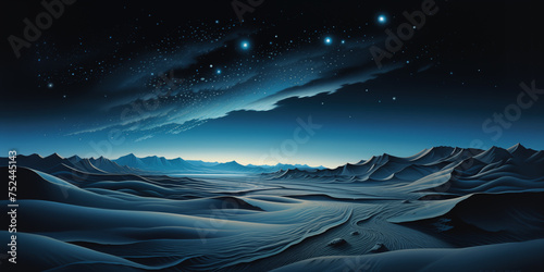mountain range under moonlight, full moon casting a moody blue hue, stars twinkling in the background, A starry night sky over a remote desert