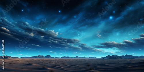 mountain range under moonlight, full moon casting a moody blue hue, stars twinkling in the background, A starry night sky over a remote desert