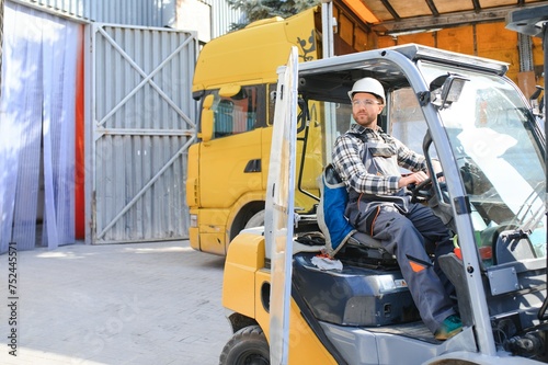 Warehouse man worker with forklift