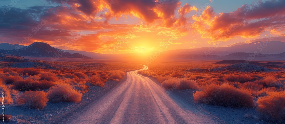 Winding road through desert landscape at sunset