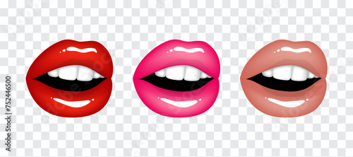 Beautiful sexy plump glossy erotic female lips in red, pink and beige nude colors. Set of isolated vector illustrations on transparent background