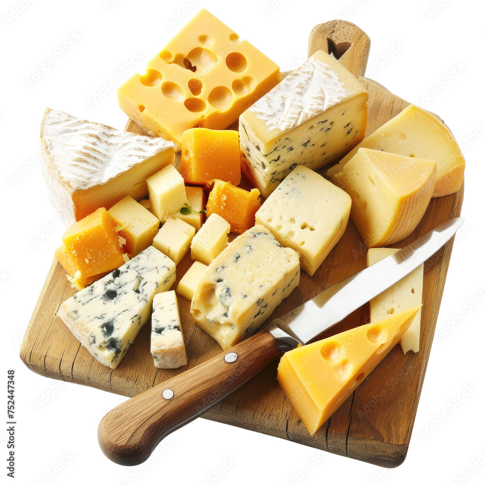 Variety of Gourmet Cheeses on Cutting Board PNG, Transparent Image without background, Concept of culinary sophistication and cheese pairing