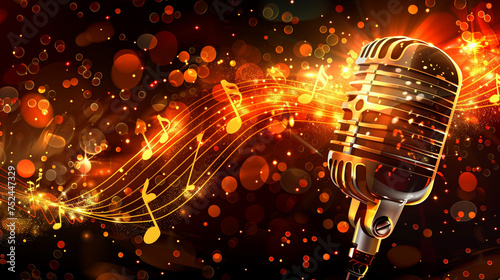 Wallpaper Mural microphone with music notes in blurred background on red and gold wall, vintage microphone on stage with shimmering gold particles and bokeh effect, microphone background template Torontodigital.ca