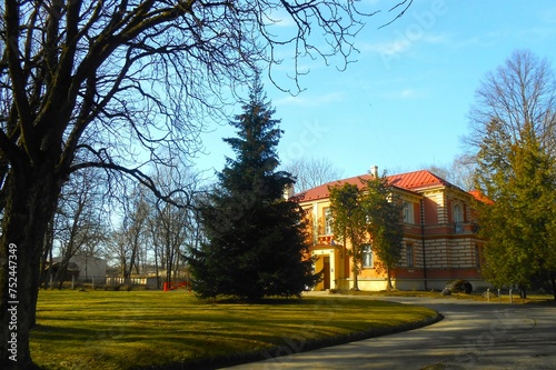 Early spring city landscape with beautiful fir. Municipal Cultural Center in Riga, Latvia, Europe.