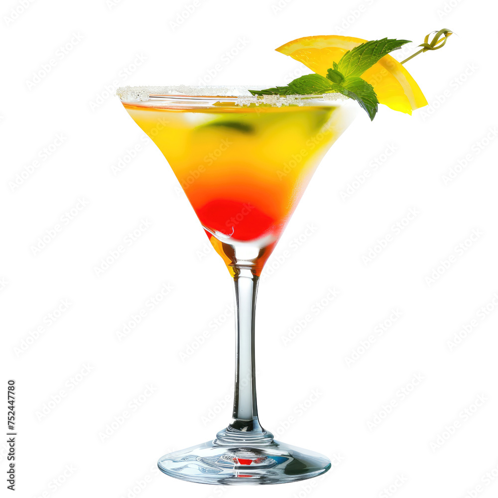 Sunset-Inspired Cocktail in Sugar-Rimmed Martini Glass PNG, Transparent Image without background, Concept of elegant celebrations and summer evenings