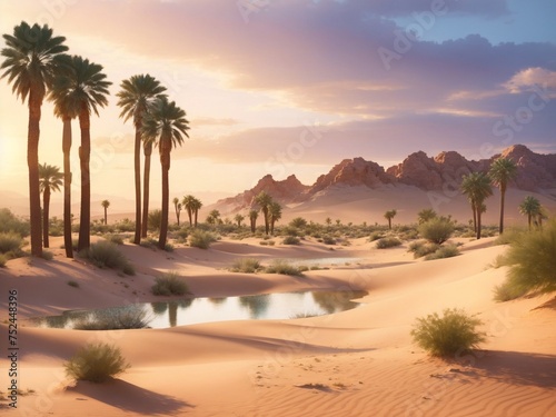 Twilight Oasis: Desert Serenity Under the Evening Sky, AI-Enhanced Warm Tones Illuminate the Vast Sands and Oasis Vegetation in a Tranquil Spectacle of Nature.