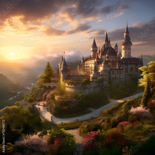 Magnificent Sunset View of a Grand Medieval Castle Surrounded by Bountiful Nature © Clayton