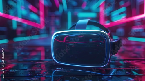 A high-tech 3D mockup of a virtual reality headset on a dark futuristic background, with an empty area on the visor for displaying custom visuals or branding.