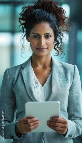 Portrait of confident businesswoman in suit holding tablet with copy space on blurred background © Ilja