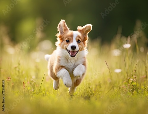 dog running in green grasses