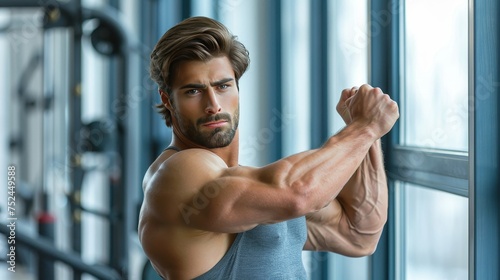 Confident young american man flexing biceps on blurred background with copy space, fitness concept