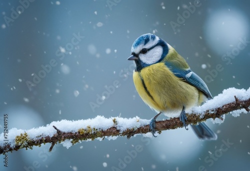 A blue and yellow bird tit is perched on a branch covered in snow. Concept of tranquility and peacefulness, as the bird is alone and undisturbed in its natural habitat © orelphoto